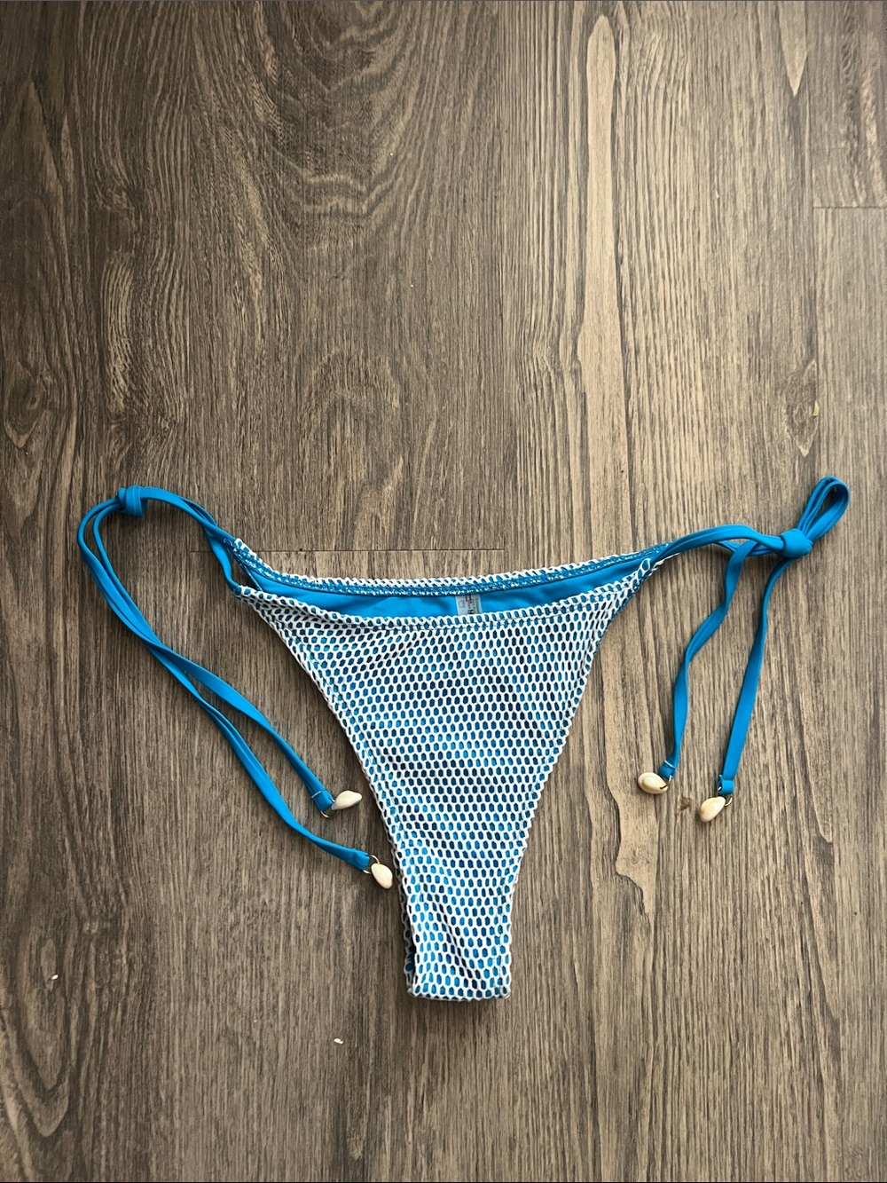 Zaful Turquoise Blue Mesh Tie-Side Bikini Bottom with Cowrie Shell Beads Medium